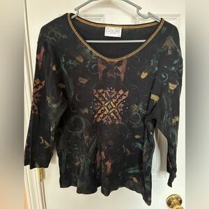 Cactus Bay Top Shirt Blouse Sz XL Made in USA Western Tribal Art To Wear Black